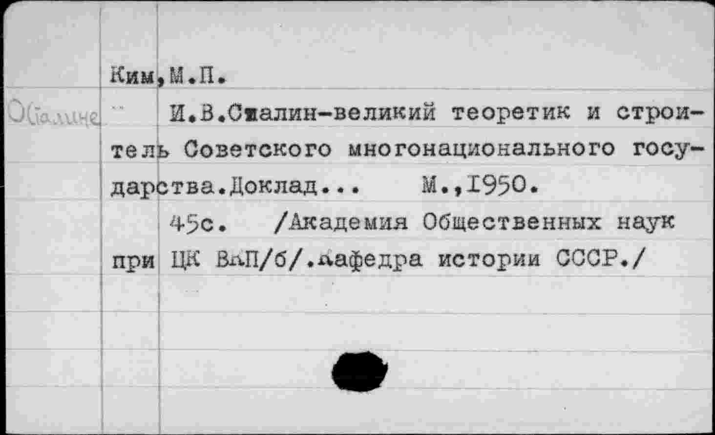 ﻿	Ким	,м.п.
йалиНС	■"	И.В.Сяалин-великий теоретик и строи-
	тел	ь Советского многонационального госу-
	дарства.Доклад...	М.,1950.	
	при	45с. /Академия Общественных наук ЦК ВлП/б/.Кафедра истории СССР./
		
		
		
		